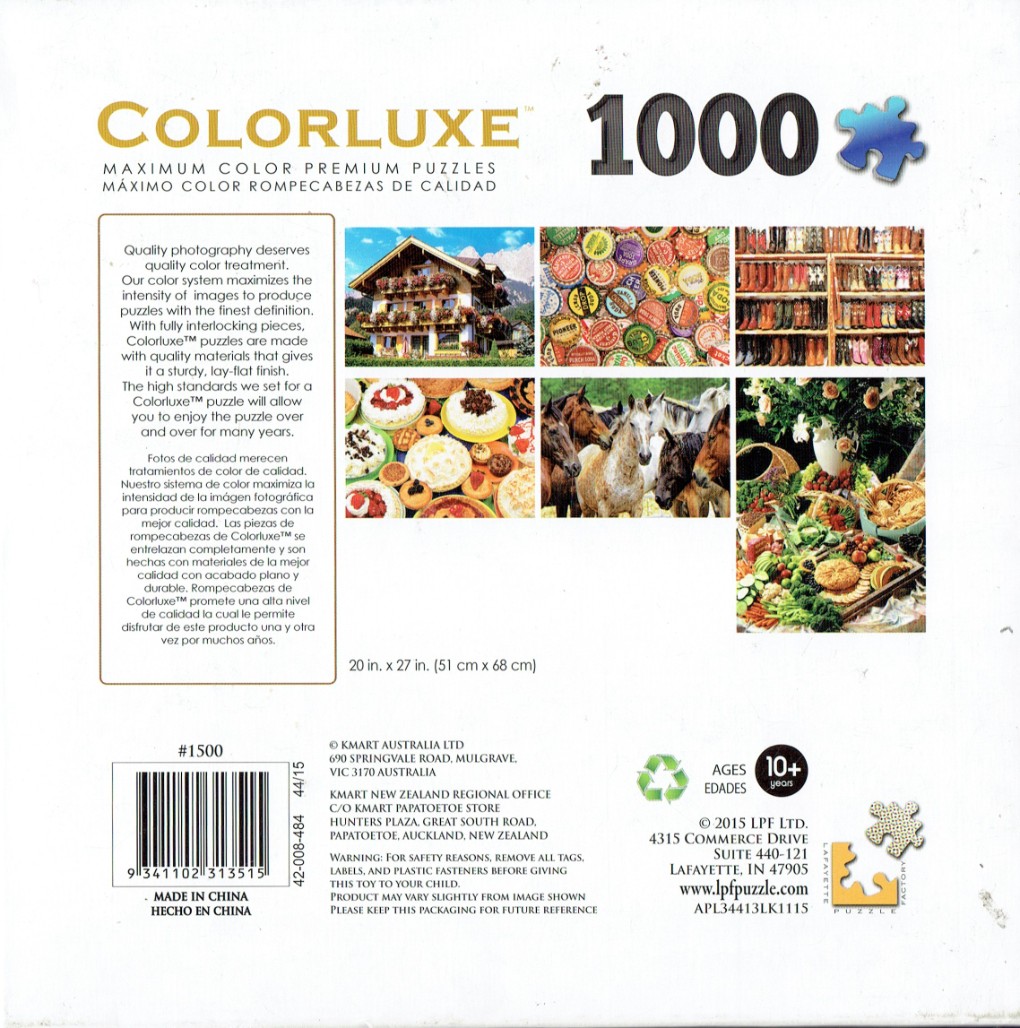 Collage puzzle: mountain house, bottle caps, boots, food, and horses.