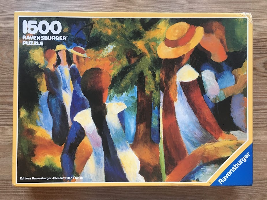 Impressionistic painting of a group of women in hats gathering in a sunlit garden or park setting.