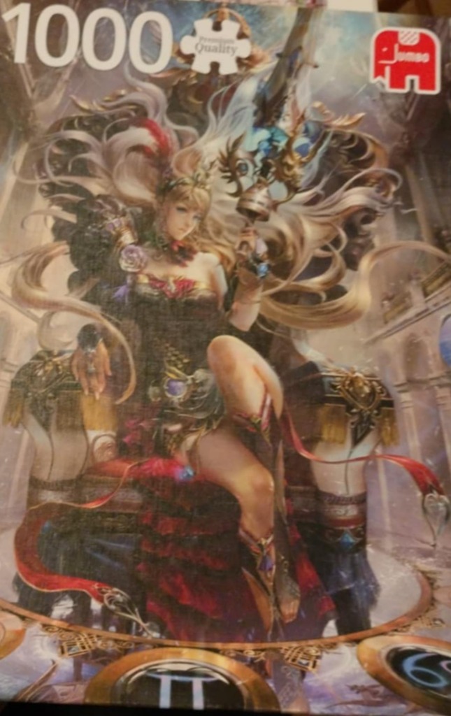 A fantasy illustration of a blonde woman sitting on a throne, holding a staff, surrounded by celestial symbols.