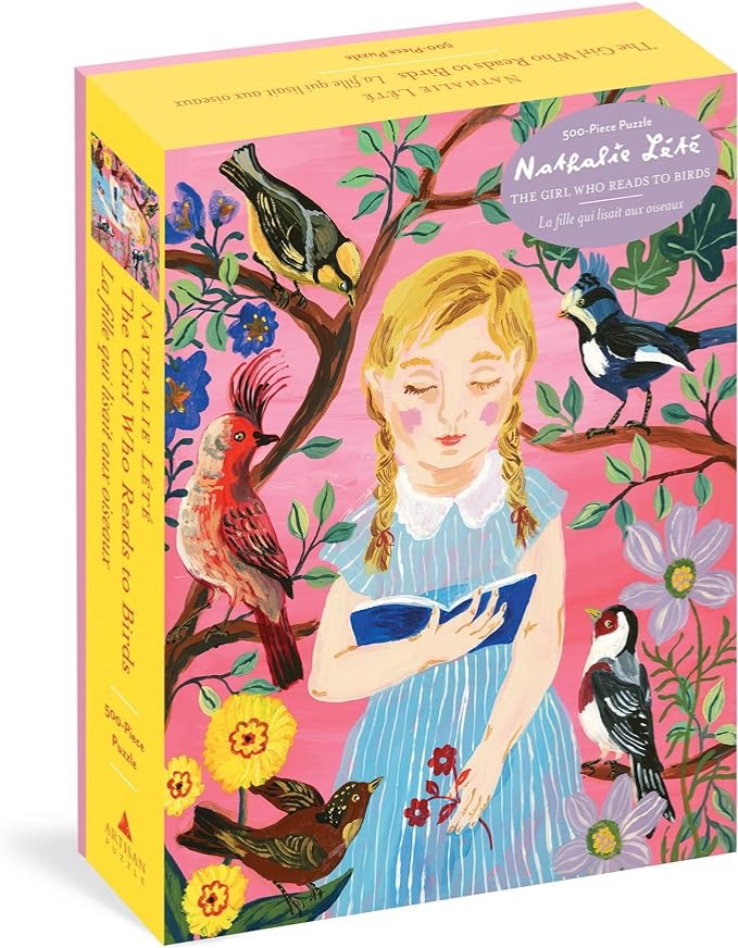 An illustration of a young girl with blonde braids reading a book surrounded by colorful birds and stylized flowers.