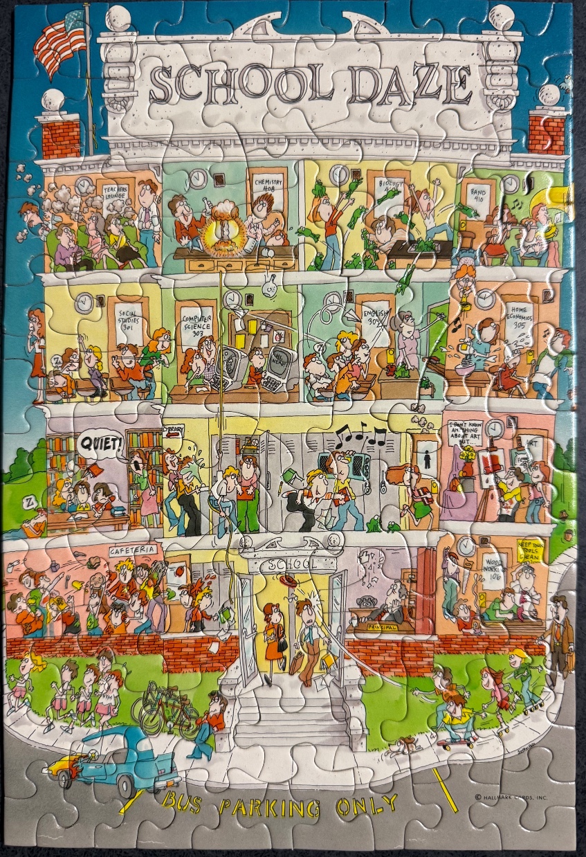 A busy cartoon illustration of a chaotic school building titled School Daze