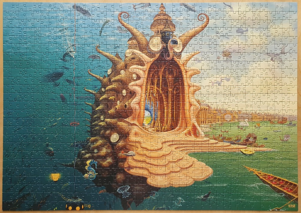 Surrealist illustration of a large seashell-like building situated between deep blue ocean waters and a sunlit city harbor.