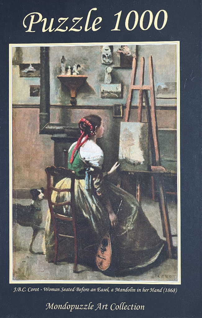 Painting of a woman in a rustic interior seated before an easel holding a mandolin, with a small dog nearby.