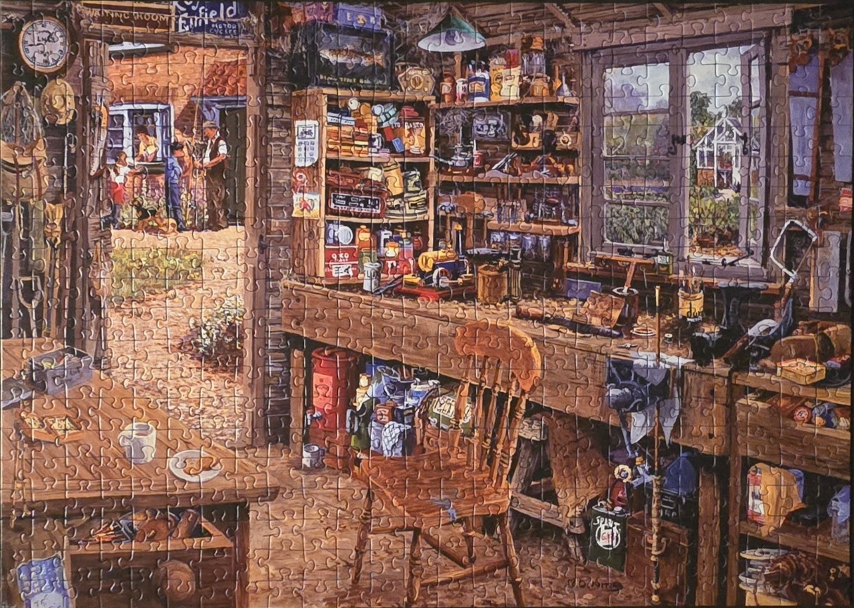 Detailed illustration of a cluttered, cozy garden shed workshop with a view of a family outside.