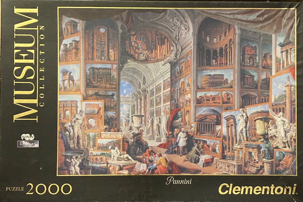 Painting of a grand imaginary gallery filled with classical Roman ruins and statues by Giovanni Paolo Panini.
