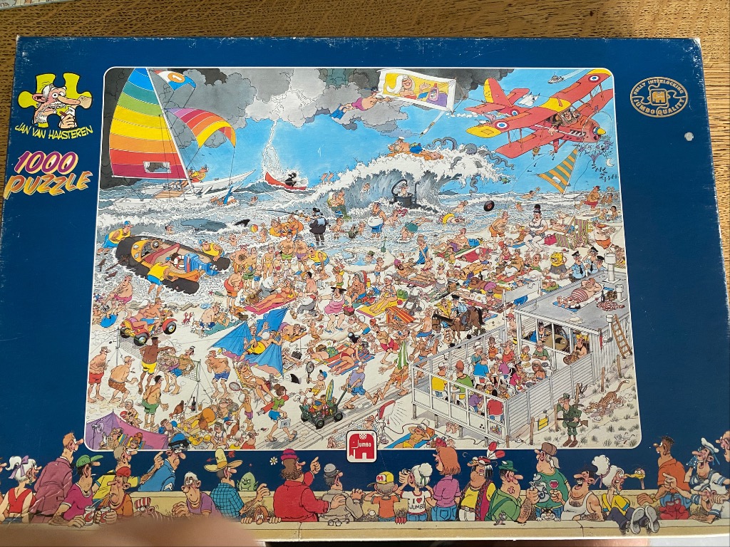 Busy cartoon illustration of a chaotic beach scene filled with humorous characters and activities