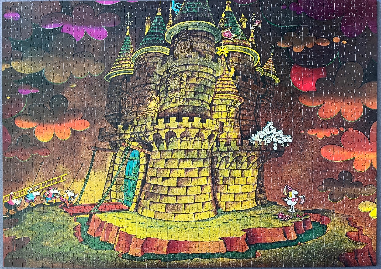 A cartoon illustration of a whimsical castle on a rocky island under a dark, cloudy sky.