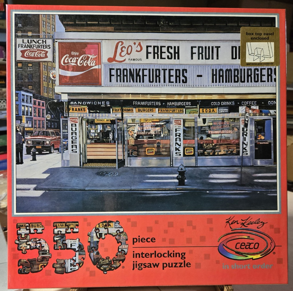 A realist painting of Leo's street-corner hot dog stand and diner storefront in a city setting.