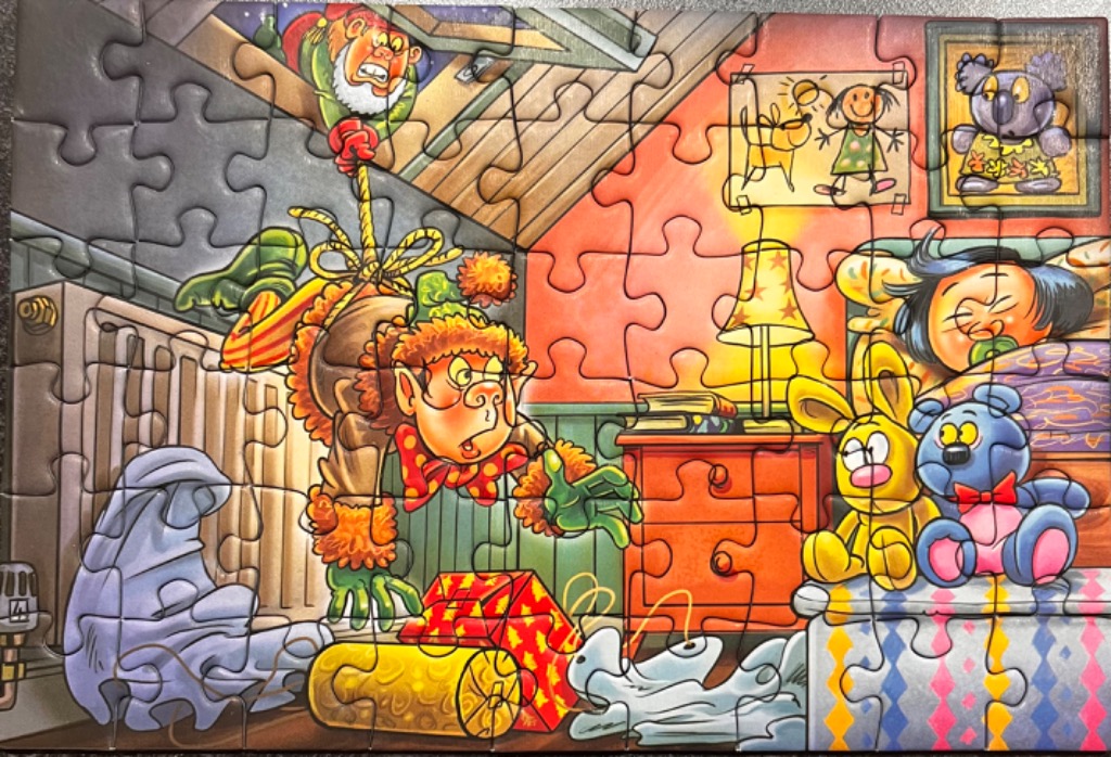 Cartoon illustration of a creature on a rope with a child sleeping, toys, and a gnome.