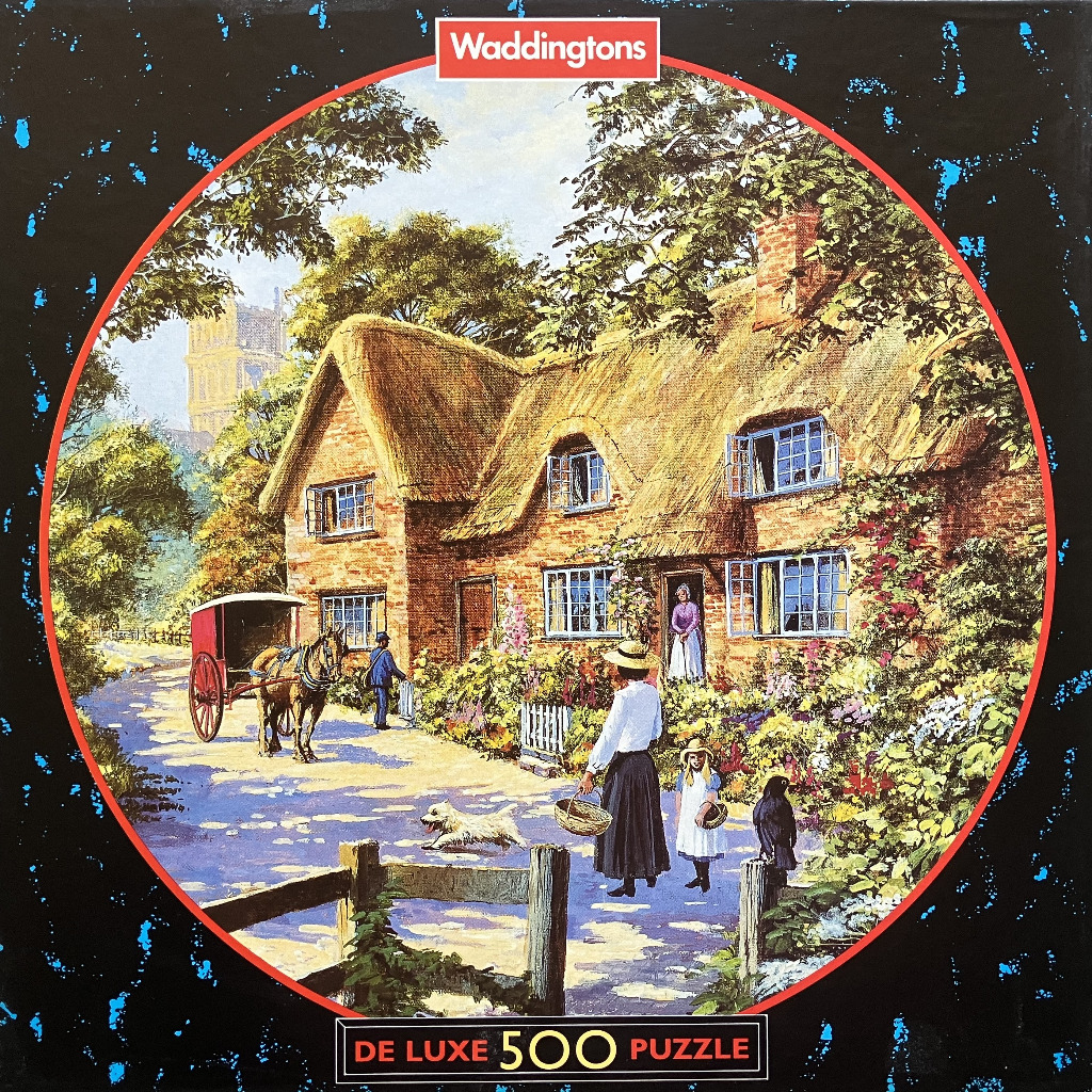 A scenic illustration of an English thatched cottage with a horse and carriage on a sunny day.
