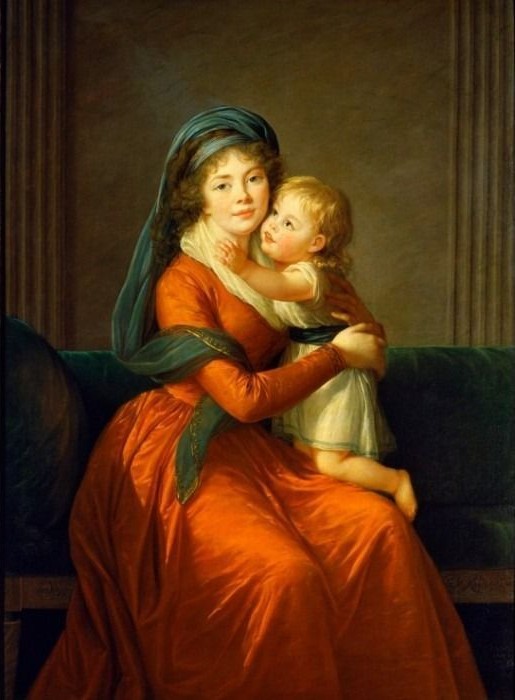 A classical oil painting of a mother in a vibrant orange dress holding her small, fair-haired child on a green sofa.