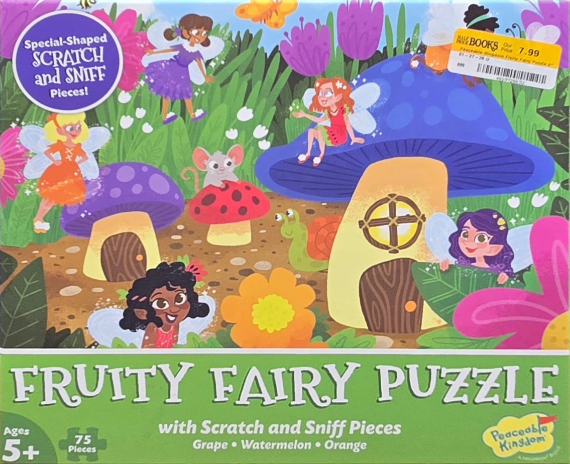 Whimsical illustration of diverse fairies and mushroom houses in a colorful garden.