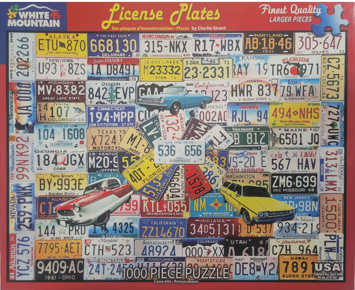 A collage of vintage US license plates featuring three classic cars