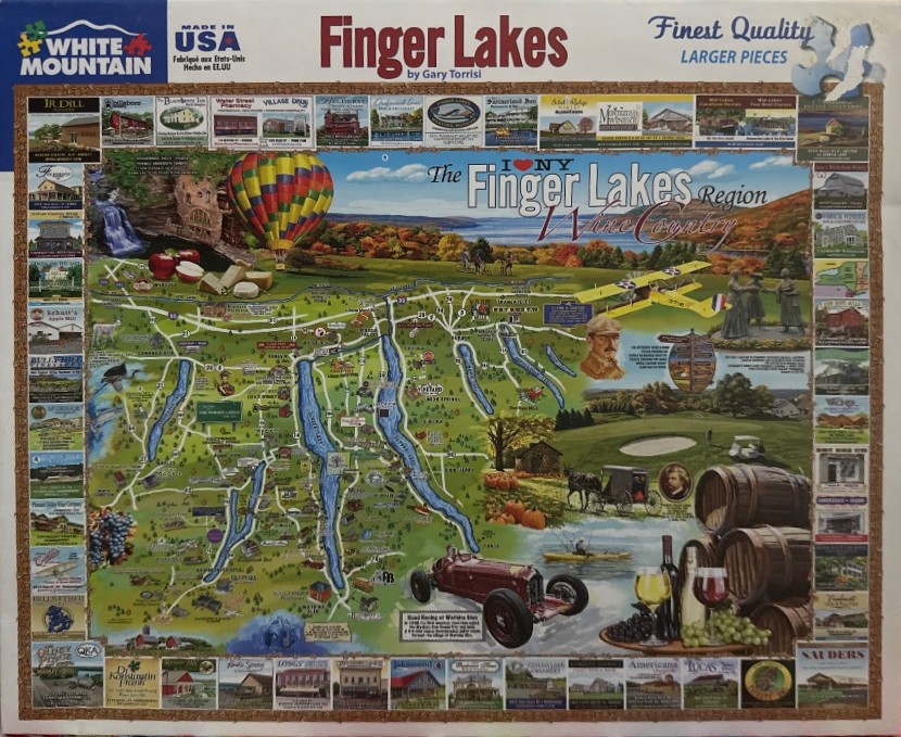 An illustrated map of the Finger Lakes region in New York surrounded by small vignettes of local landmarks and businesses.