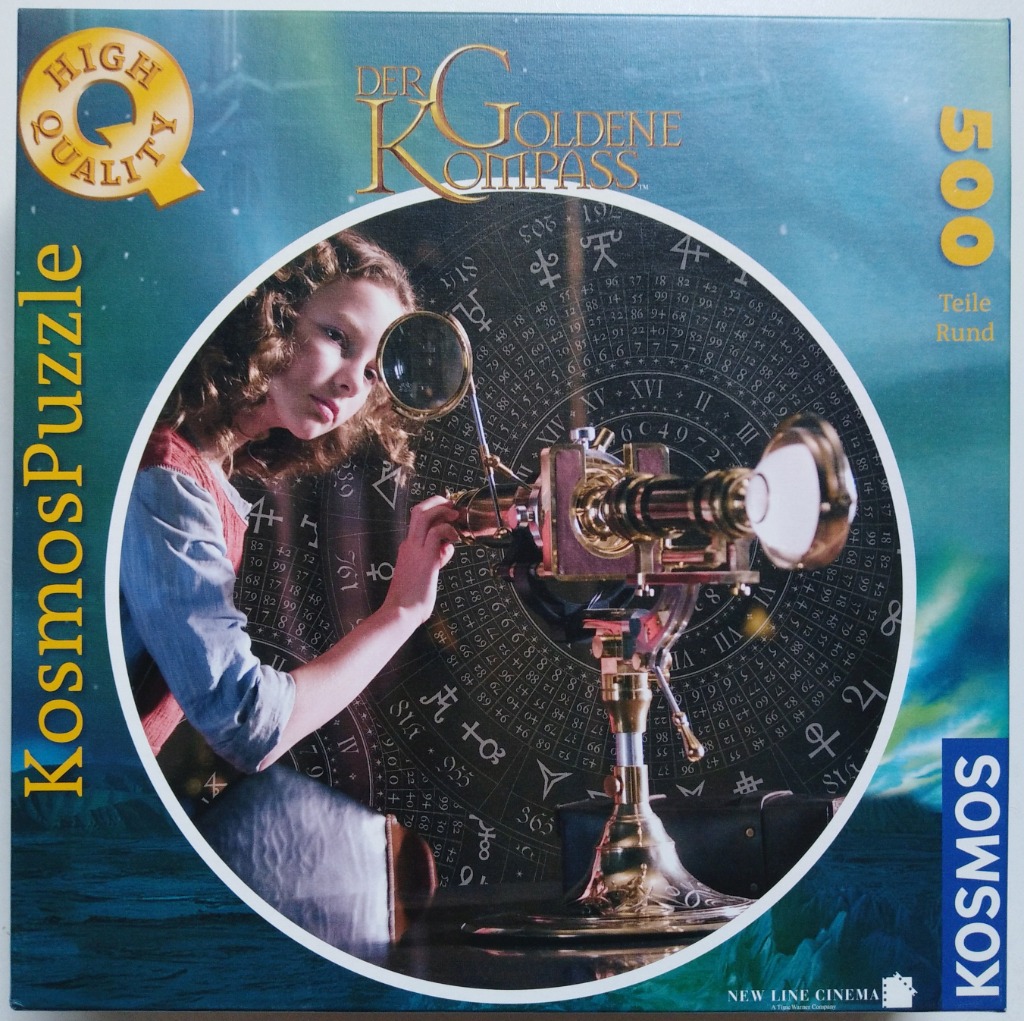 A young girl with curly hair looks through a brass optical instrument in front of a dark, star-chart-like background.