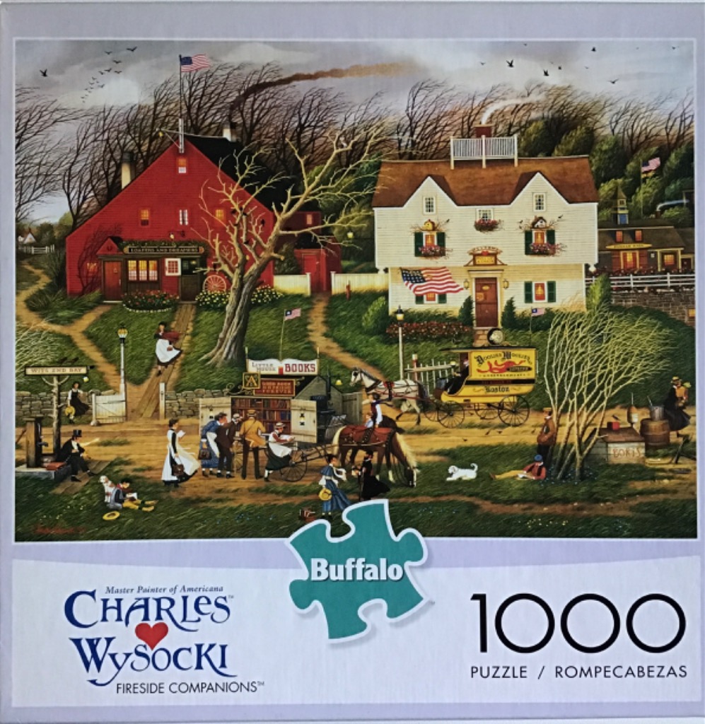 A nostalgic painting of a rural village with a red barn, a white house, and a horse-drawn book carriage.