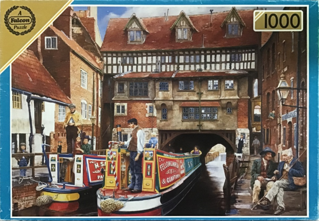 An oil painting of canal boats moored under a timber-framed historic building in a 19th-century English town.