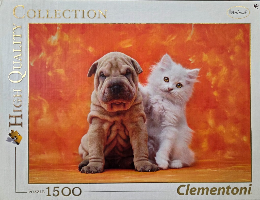 A Shar-Pei puppy sits next to a fluffy white kitten against an abstract orange background.