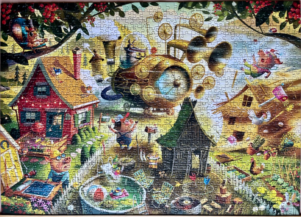 Whimsical illustration of a pig-themed fairy tale village with a steampunk flying machine.