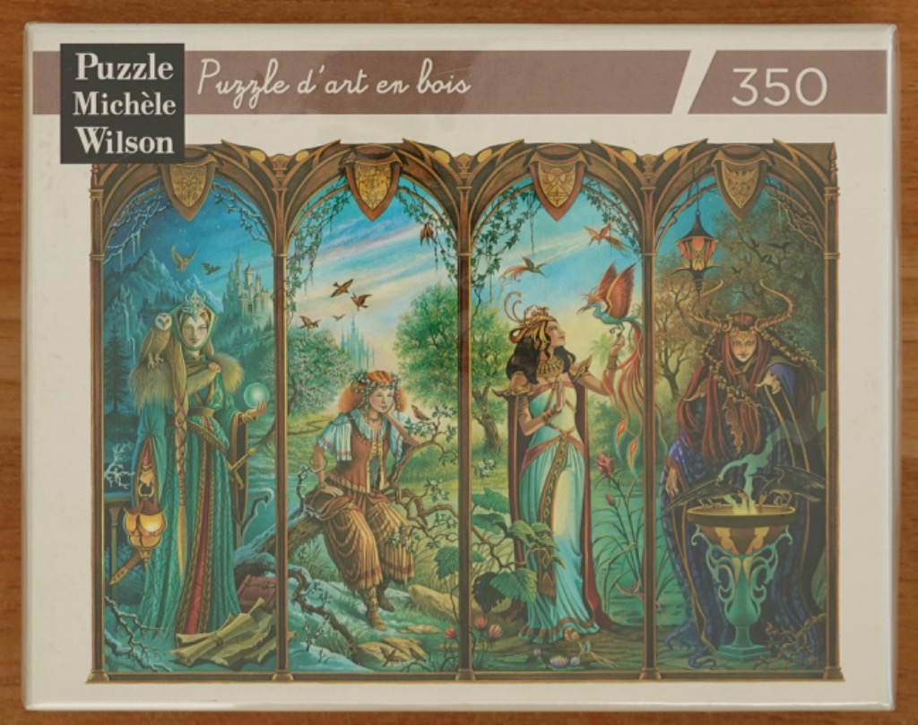 Four-paneled illustration of fantasy women representing the four seasons, each in a distinct natural setting.