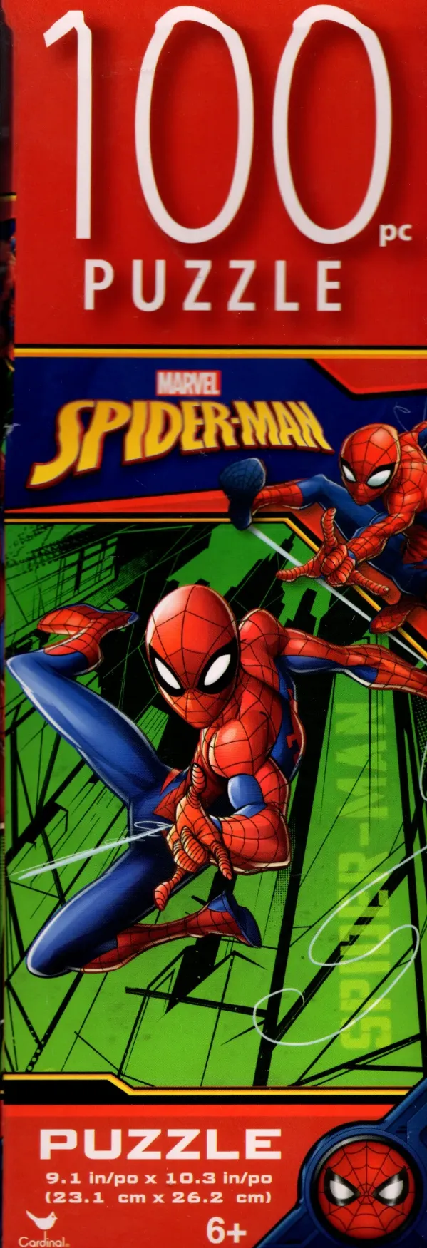 Spider-Man swinging through a stylized green city backdrop.