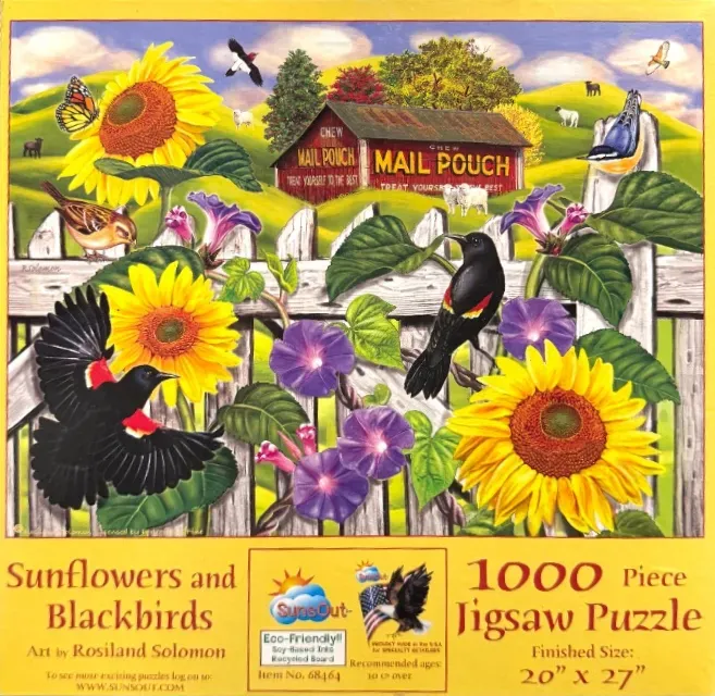 A countryside scene with sunflowers, morning glories, and red-winged blackbirds near a rustic barn.