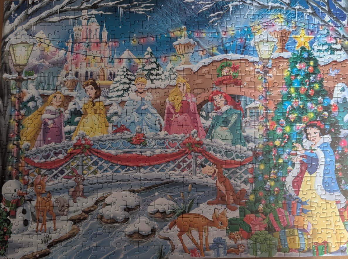 Illustration of Disney princesses in a snowy Christmas garden setting.