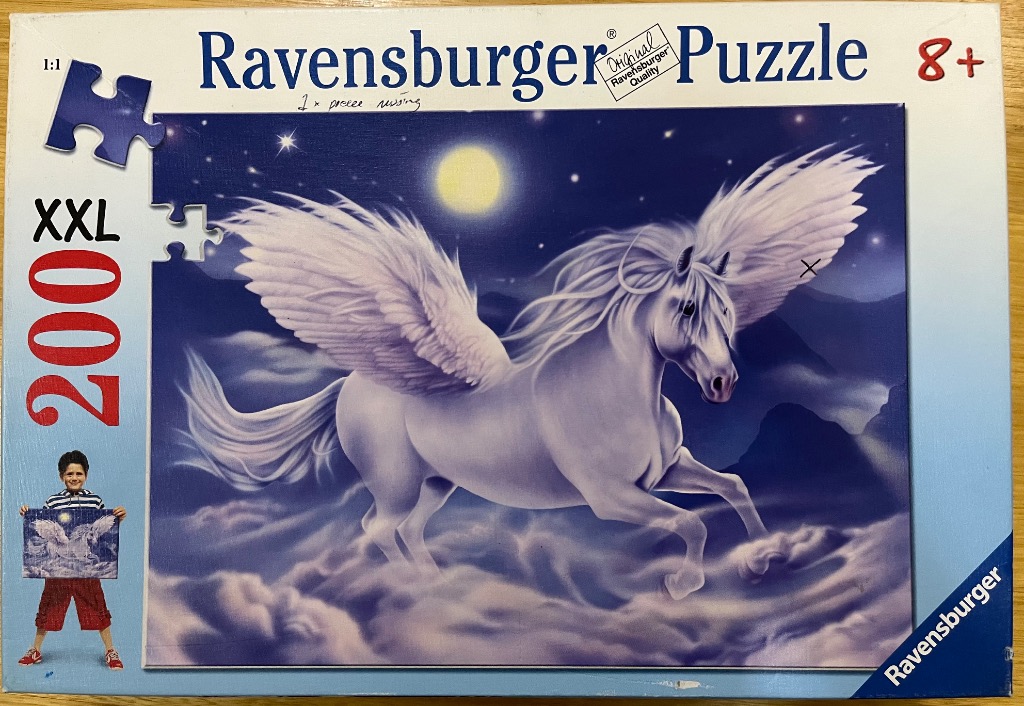 A majestic white Pegasus flying through a moonlit, starry night sky above clouds.