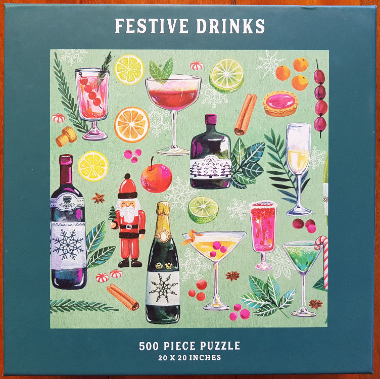An illustration of various holiday cocktails, bottles, and snacks on a pale green background.