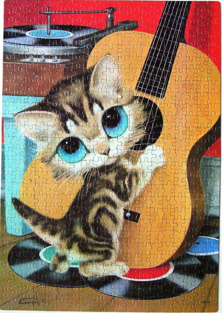 A whimsical illustration of a wide-eyed tabby kitten peeking out from behind a wooden acoustic guitar.
