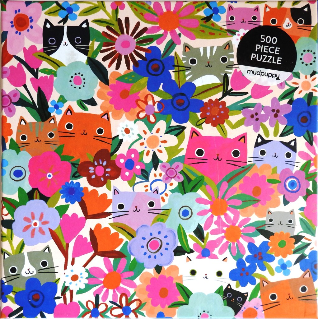 An illustration of various colorful cats peeking out from a dense field of bright, stylized flowers.