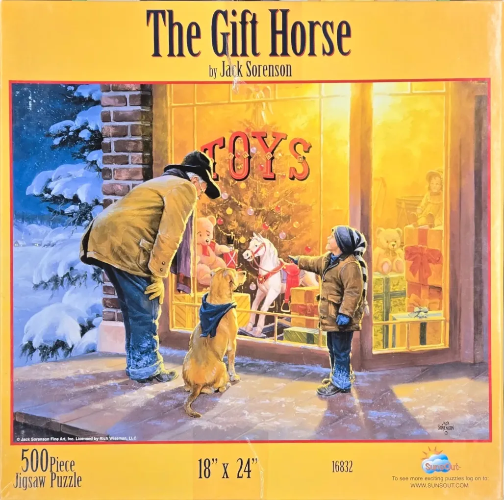 An elderly man, a boy, and a dog gaze through a store window at a toy-filled Christmas tree.