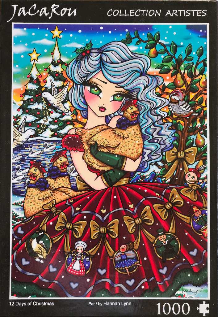 Illustration of a whimsical young woman with long blue hair holding a golden hen in a Christmas-themed setting.