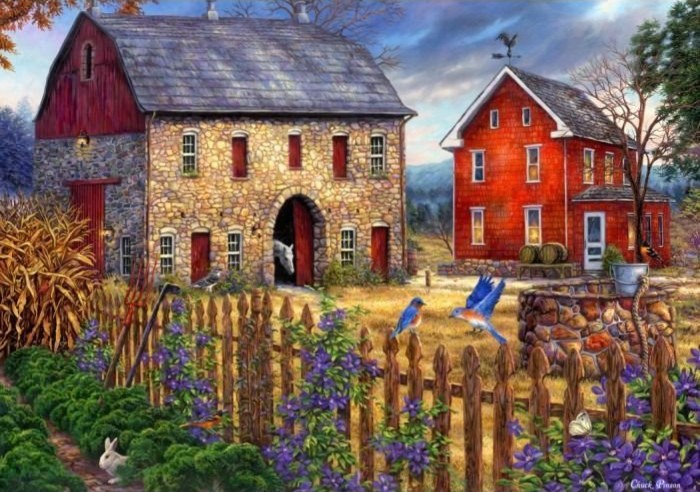 A rural farm scene with a stone barn, a red house, a wooden fence, and bluebirds in a lush garden.