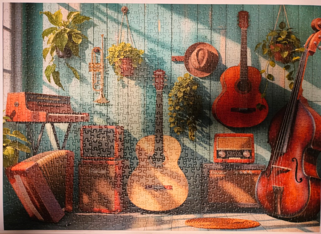 A cozy music room with various instruments, hanging plants, and warm sunlight against a teal wooden wall.