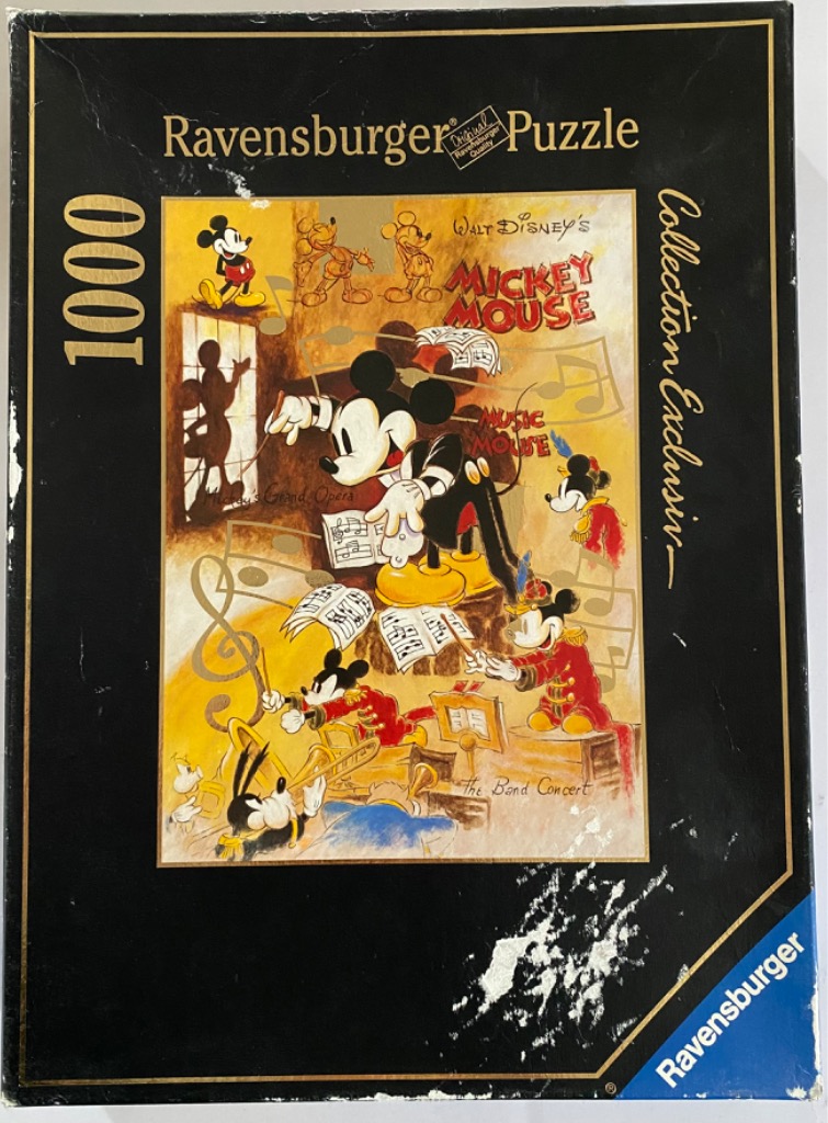 Illustration of Mickey Mouse in various musical roles, including as an orchestra conductor and band leader.