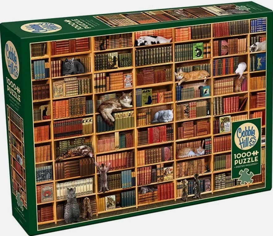 Cats resting on shelves of a large library bookcase
