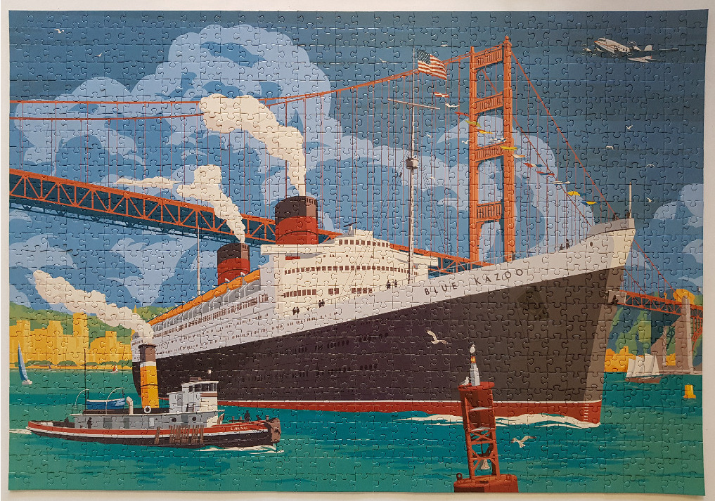 A vintage-style illustration of a large ocean liner passing under the Golden Gate Bridge, assisted by a tugboat.