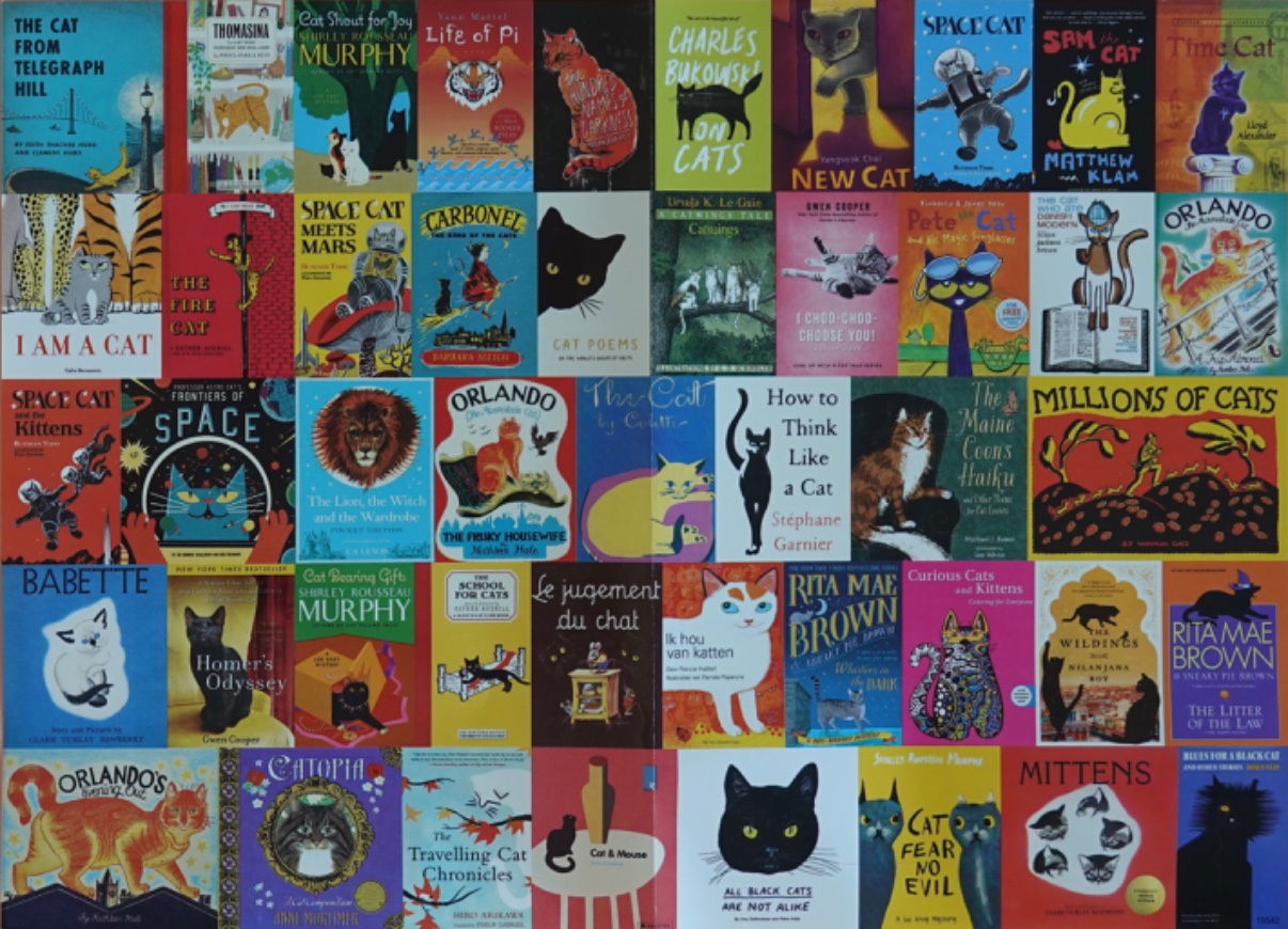 A grid of diverse book covers featuring cats in various artistic styles.