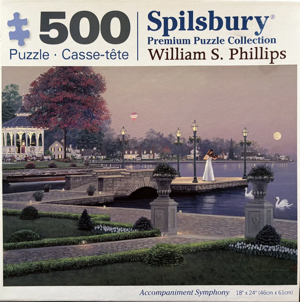 Painting of a woman playing the violin on a pier at twilight with a gazebo and swans in the background.