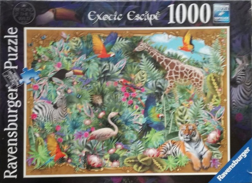 A lush jungle scene filled with diverse exotic animals including a tiger, giraffe, zebra, and various tropical birds.