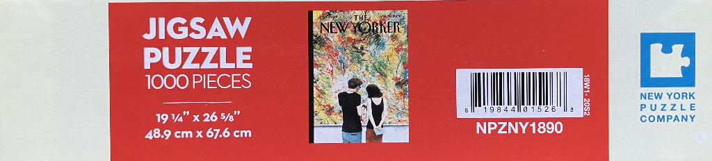 New Yorker cover art, abstract colorful painting, couple viewing art.