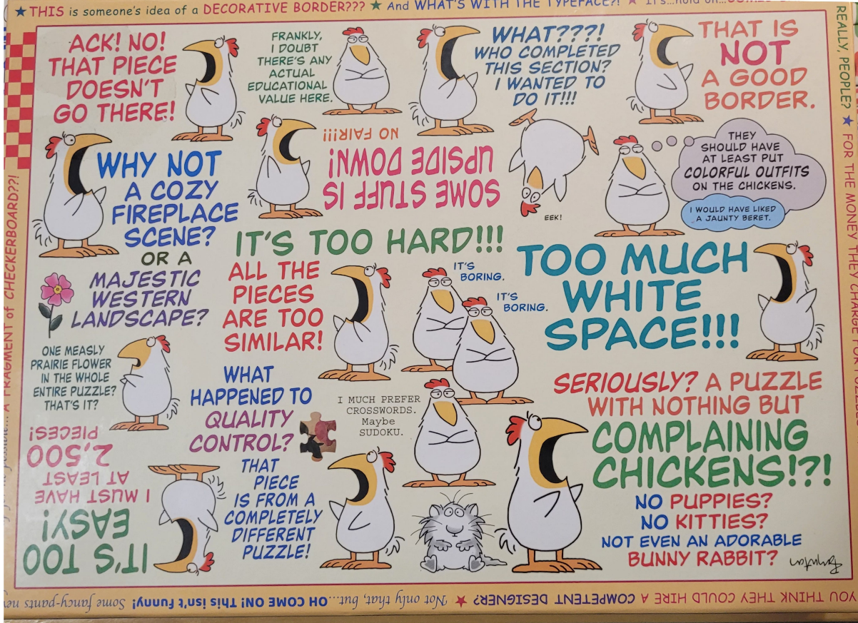Cartoon drawing of white chickens complaining about a difficult puzzle, featuring speech bubbles and text.