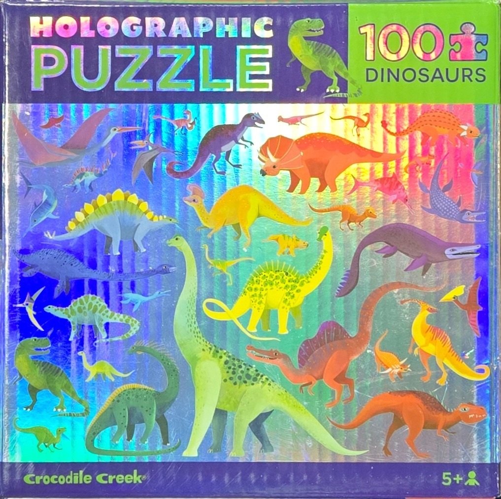 A collection of various illustrated dinosaurs set against a shimmering rainbow holographic background.