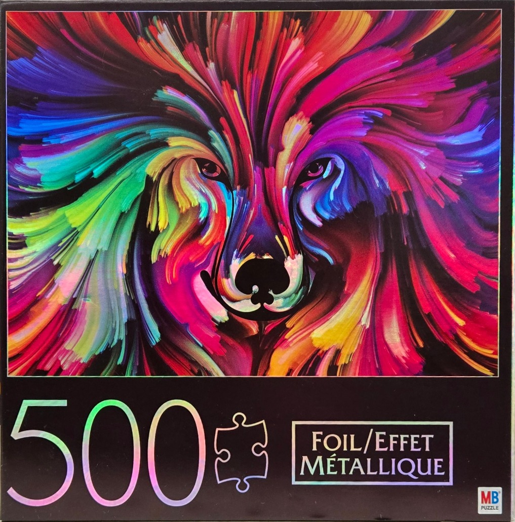 Abstract artistic portrait of a wolf face created with vibrant, flowing, rainbow-colored brushstrokes.