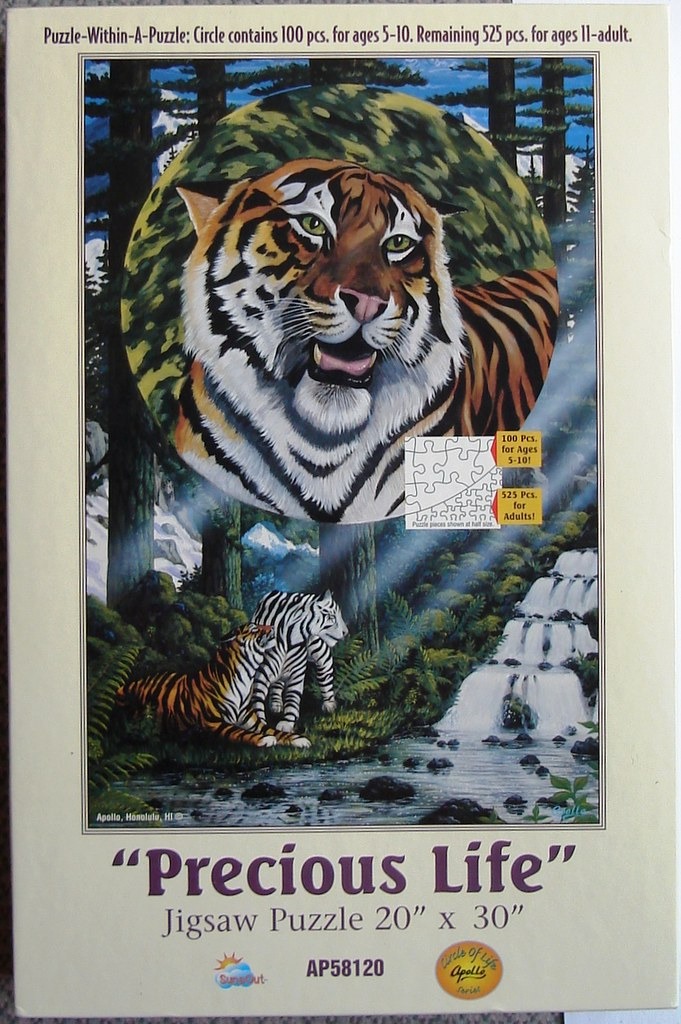 An illustration featuring a large tiger portrait above two tigers in a lush forest landscape with a waterfall.