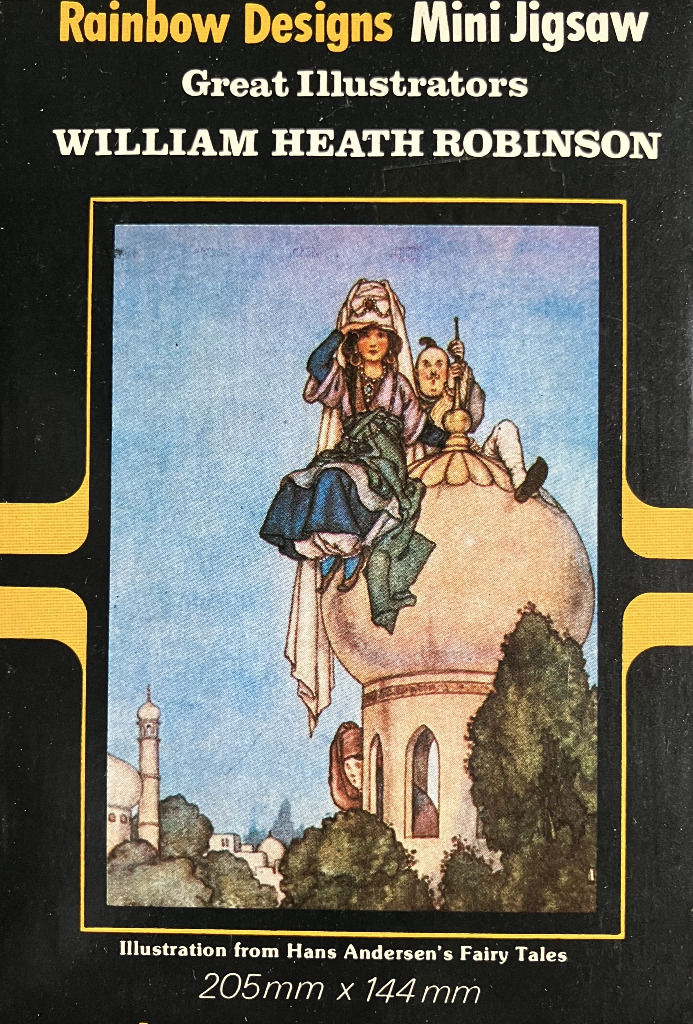 An illustration by William Heath Robinson depicting a woman and a man perched atop a domed tower in a fairy tale setting.