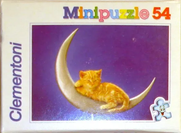 A small orange kitten sleeping on a crescent moon against a dark purple background.
