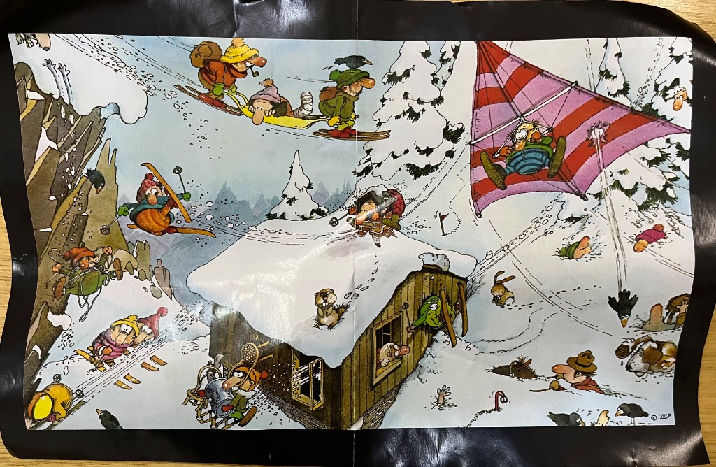 Cartoon scene of quirky characters skiing, hang-gliding, and navigating a snowy mountain cabin