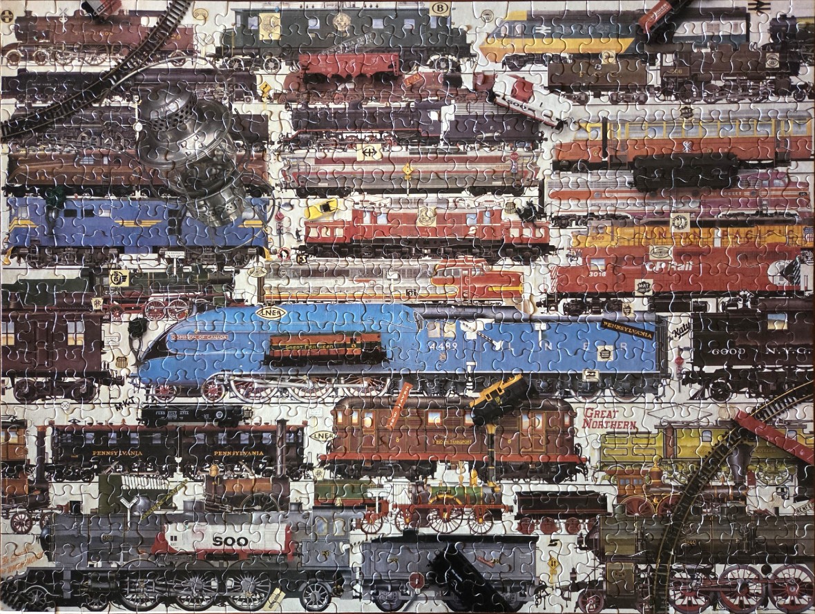 A collage of diverse vintage and modern steam and diesel locomotives arranged in a dense grid.
